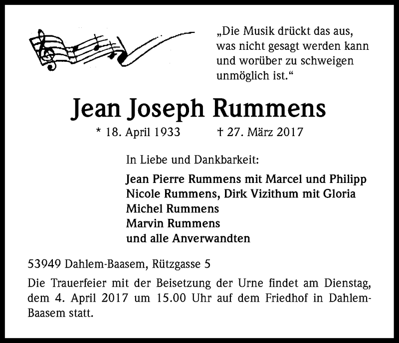  Traueranzeige für Jean Joseph Rummens vom 01.04.2017 aus Kölner Stadt-Anzeiger / Kölnische Rundschau / Express