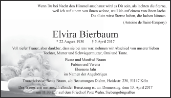 Anzeige von Elvira Bierbaum von  Kölner Wochenspiegel 