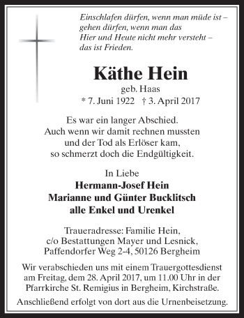 Anzeige von Käthe Hein von  Werbepost 