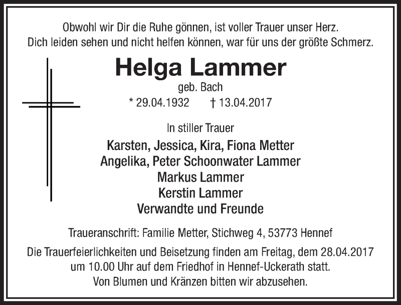  Traueranzeige für Helga Lammer vom 26.04.2017 aus  Extra Blatt 