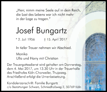 Anzeige von Josef Bungartz von Kölner Stadt-Anzeiger / Kölnische Rundschau / Express