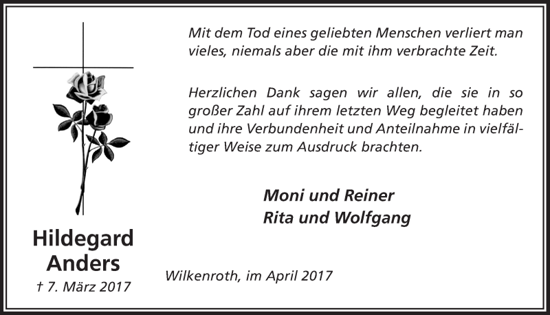  Traueranzeige für Hildegard Anders vom 05.04.2017 aus  Lokalanzeiger 