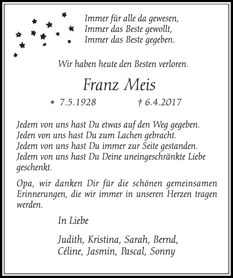  Traueranzeige für Franz Meis vom 12.04.2017 aus  Schlossbote/Werbekurier 