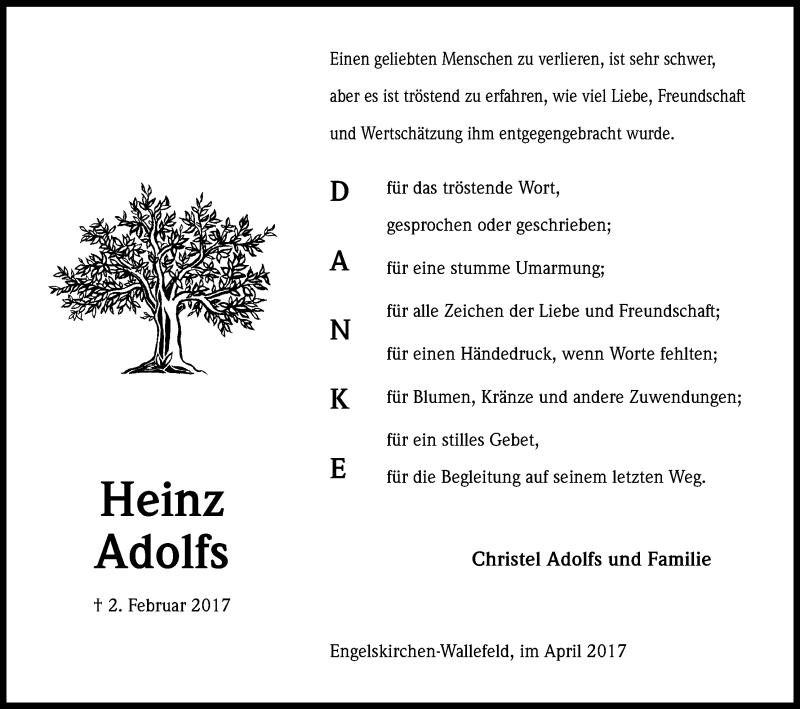  Traueranzeige für Heinz Adolfs vom 01.04.2017 aus Kölner Stadt-Anzeiger / Kölnische Rundschau / Express