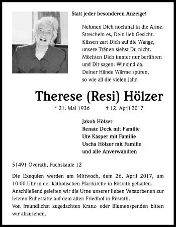 Anzeige von Therese Hölzer von Kölner Stadt-Anzeiger / Kölnische Rundschau / Express