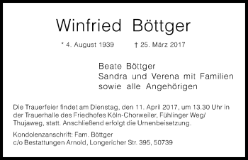 Anzeige von Winfried Böttger von Kölner Stadt-Anzeiger / Kölnische Rundschau / Express
