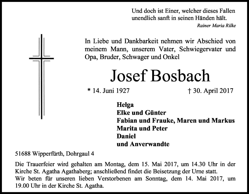  Traueranzeige für Josef Bosbach vom 06.05.2017 aus Kölner Stadt-Anzeiger / Kölnische Rundschau / Express