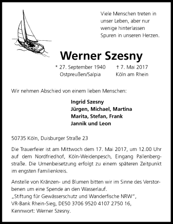Anzeige von Werner Szesny von Kölner Stadt-Anzeiger / Kölnische Rundschau / Express