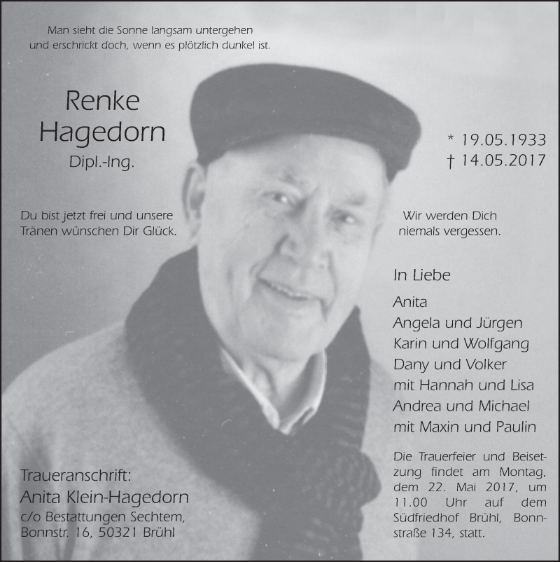  Traueranzeige für Renke Hagedorn vom 17.05.2017 aus  Schlossbote/Werbekurier 