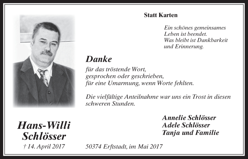  Traueranzeige für Hans-Willi Schlösser vom 24.05.2017 aus  Werbepost 