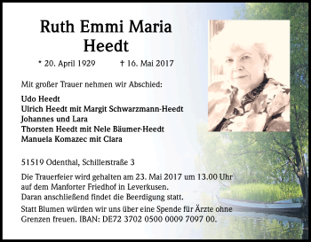Anzeige von Ruth Emmi Maria Heedt von Kölner Stadt-Anzeiger / Kölnische Rundschau / Express