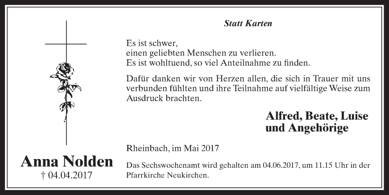  Traueranzeige für Anna Nolden vom 24.05.2017 aus  Schaufenster/Blickpunkt 