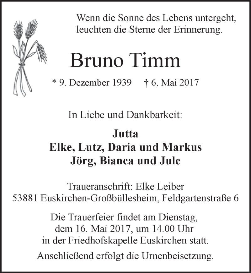  Traueranzeige für Bruno Timm vom 13.05.2017 aus  Blickpunkt Euskirchen 