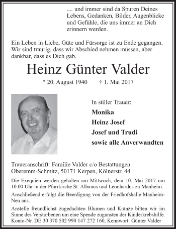 Anzeige von Heinz Günter Valder von  Sonntags-Post 