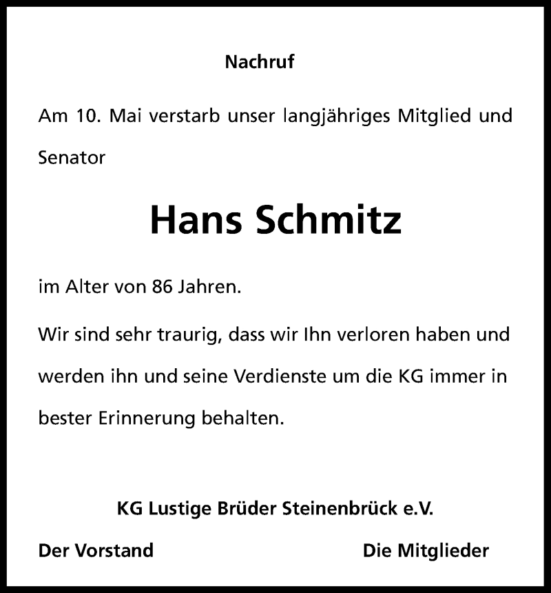  Traueranzeige für Hans Schmitz vom 19.05.2017 aus Kölner Stadt-Anzeiger / Kölnische Rundschau / Express