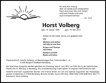 Anzeige von Horst Volberg von Kölner Stadt-Anzeiger / Kölnische Rundschau / Express