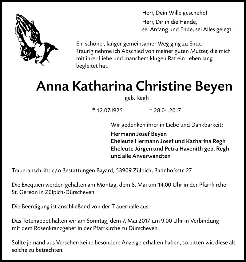  Traueranzeige für Anna Katharina Christine Beyen vom 05.05.2017 aus Kölner Stadt-Anzeiger / Kölnische Rundschau / Express