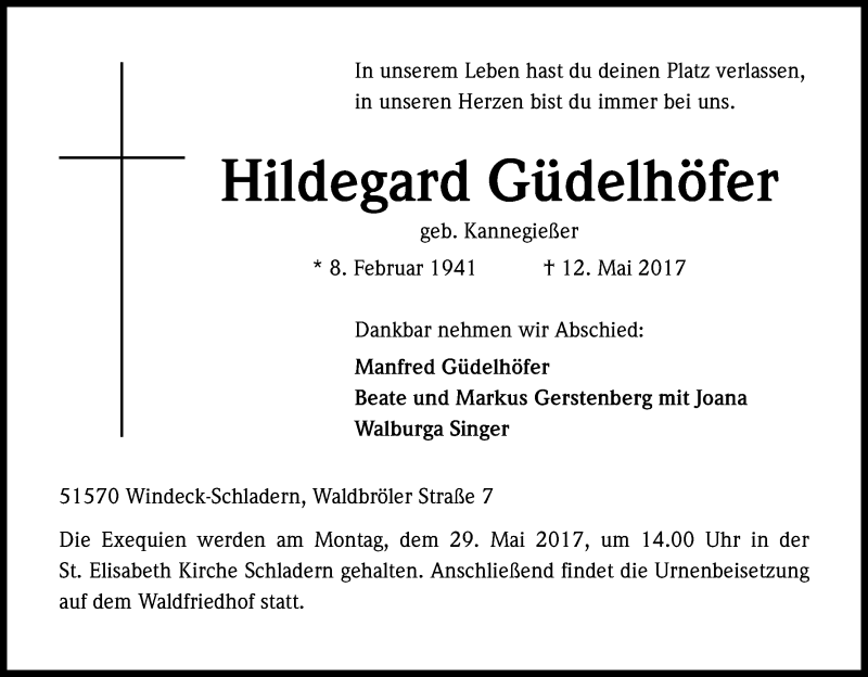  Traueranzeige für Hildegard Güdelhöfer vom 20.05.2017 aus Kölner Stadt-Anzeiger / Kölnische Rundschau / Express