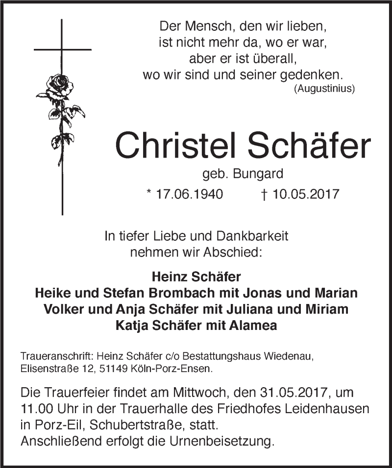  Traueranzeige für Christel Schäfer vom 27.05.2017 aus 