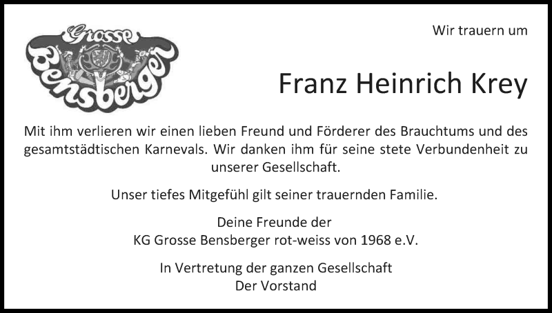  Traueranzeige für Franz Heinrich Krey vom 16.05.2017 aus Kölner Stadt-Anzeiger / Kölnische Rundschau / Express