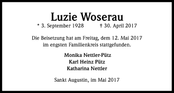 Anzeige von Luzie Woserau von Kölner Stadt-Anzeiger / Kölnische Rundschau / Express