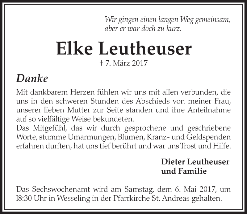  Traueranzeige für Elke Leutheuser vom 03.05.2017 aus  Schlossbote/Werbekurier 