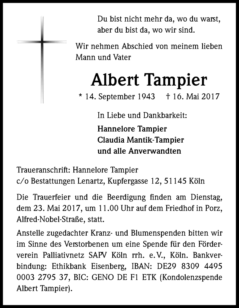  Traueranzeige für Albert Tampier vom 20.05.2017 aus Kölner Stadt-Anzeiger / Kölnische Rundschau / Express