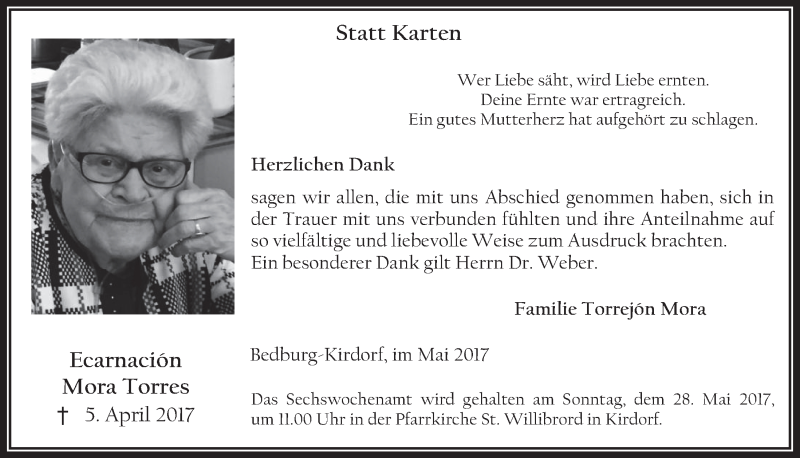  Traueranzeige für Ecarnacion Mora Torres vom 24.05.2017 aus  Werbepost 