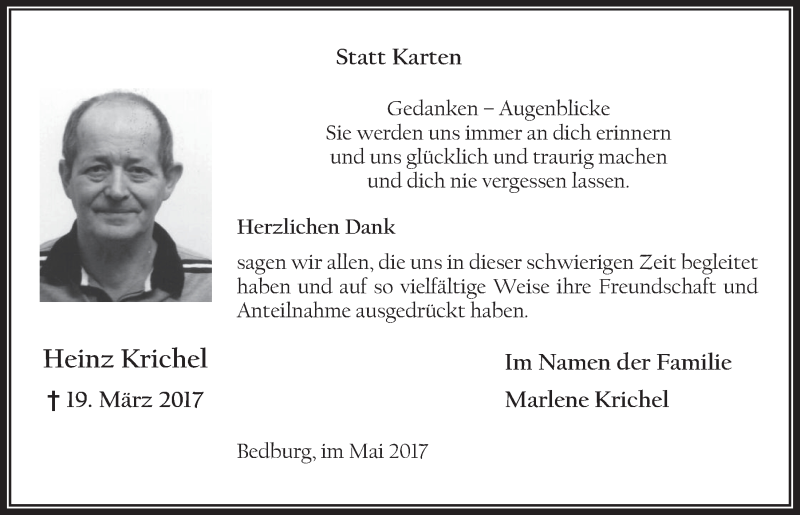 Traueranzeige für Heinz Krichel vom 03.05.2017 aus  Werbepost 