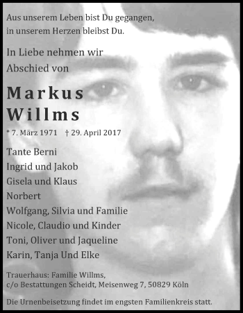 Anzeige von Markus Willms von Kölner Stadt-Anzeiger / Kölnische Rundschau / Express