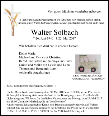 Anzeige von Walter Solbach von Kölner Stadt-Anzeiger / Kölnische Rundschau / Express