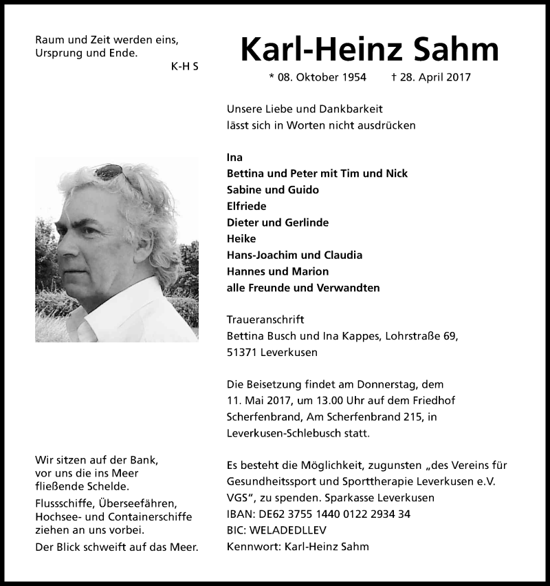  Traueranzeige für Karl-Heinz Sahm vom 06.05.2017 aus Kölner Stadt-Anzeiger / Kölnische Rundschau / Express