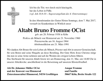 Anzeige von Altabt Bruno  Fromme OCist von Kölner Stadt-Anzeiger / Kölnische Rundschau / Express