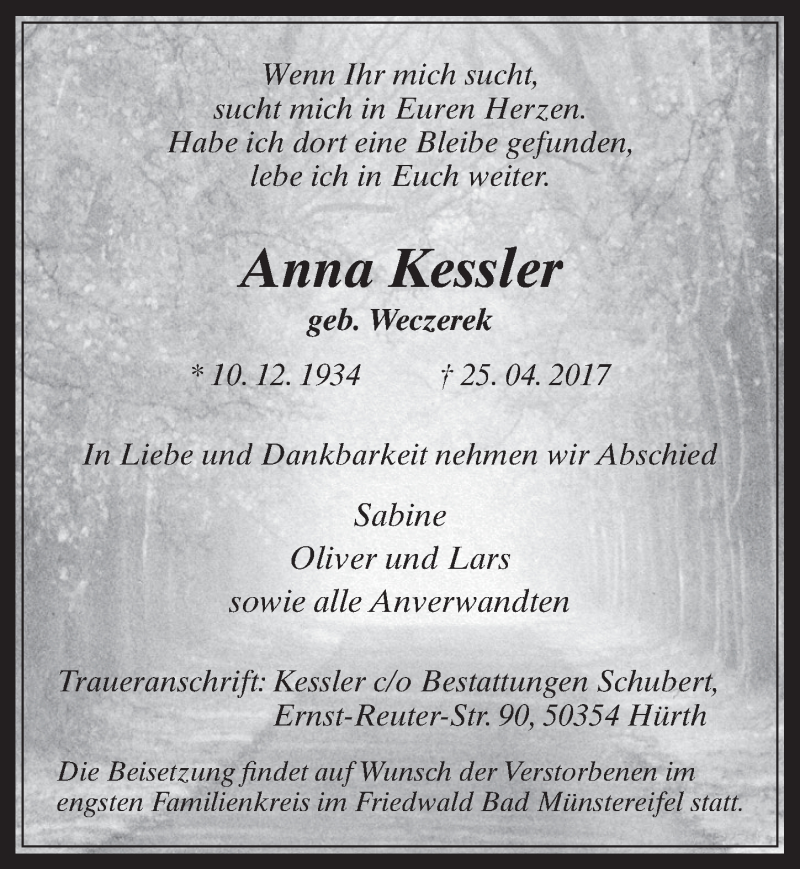  Traueranzeige für Anna Kessler vom 03.05.2017 aus  Wochenende 