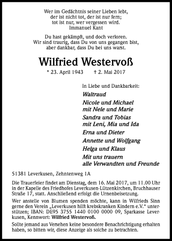 Anzeige von Wilfried Westervoß von Kölner Stadt-Anzeiger / Kölnische Rundschau / Express
