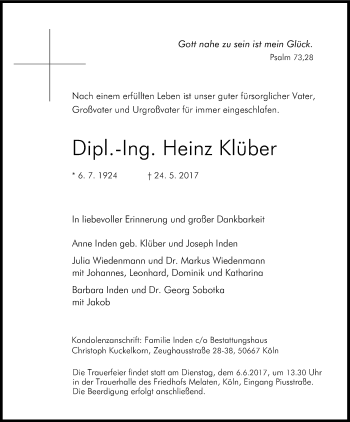 Anzeige von Heinz Klüber von Kölner Stadt-Anzeiger / Kölnische Rundschau / Express