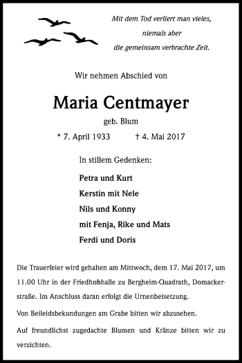 Anzeige von Maria Centmayer von Kölner Stadt-Anzeiger / Kölnische Rundschau / Express