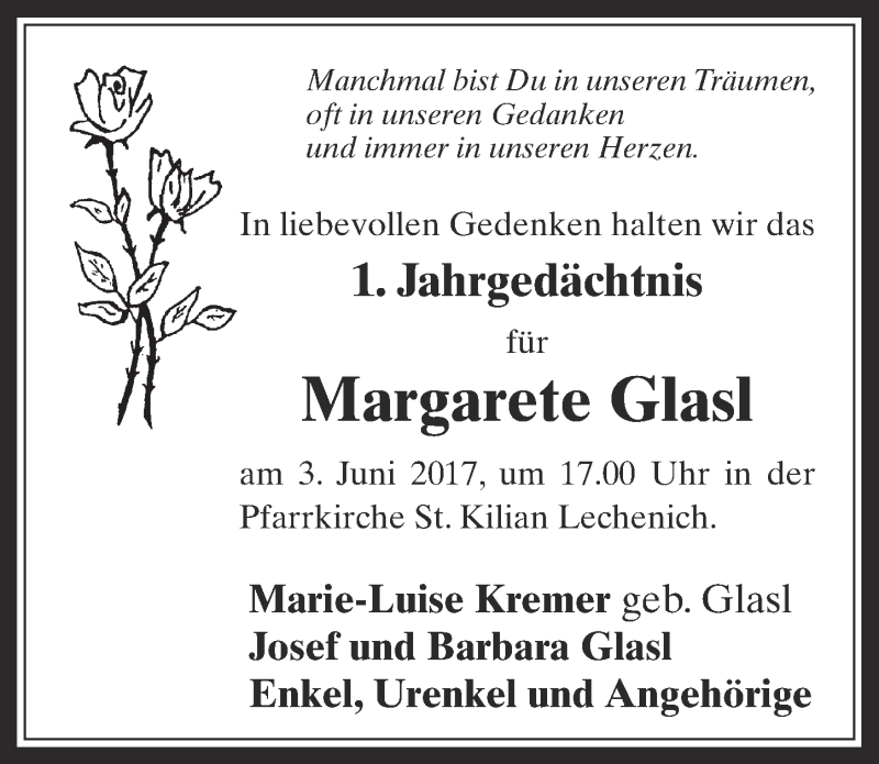  Traueranzeige für Margarete Glasl vom 24.05.2017 aus  Werbepost 