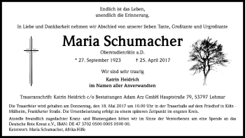 Anzeige von Maria Schumacher von Kölner Stadt-Anzeiger / Kölnische Rundschau / Express