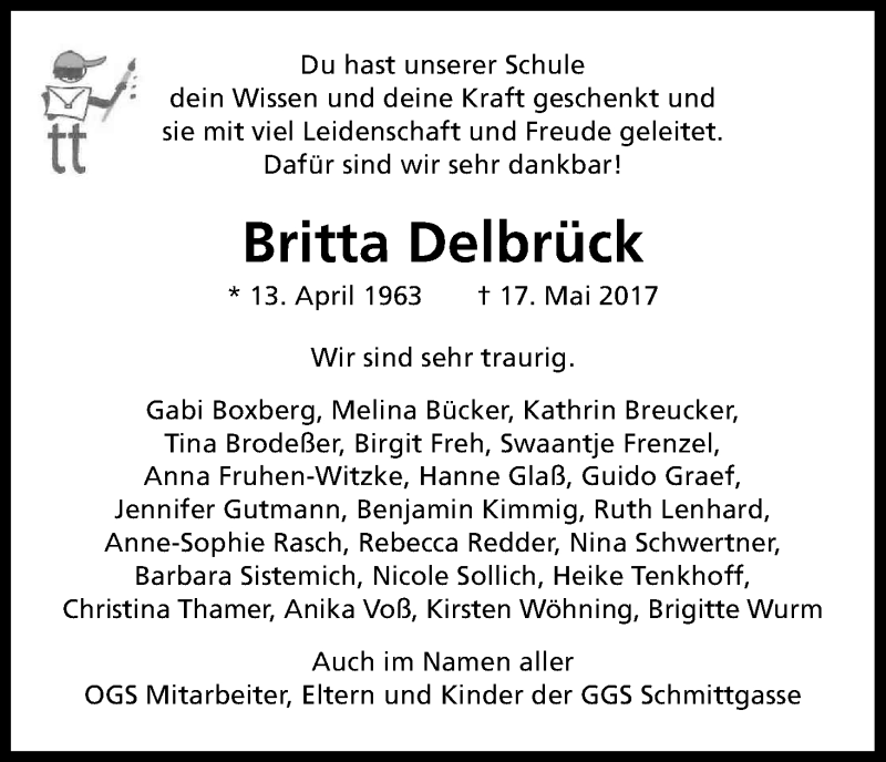  Traueranzeige für Britta Delbrück vom 27.05.2017 aus Kölner Stadt-Anzeiger / Kölnische Rundschau / Express