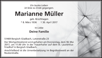 Anzeige von Marianne Müller von  Bergisches Sonntagsblatt 