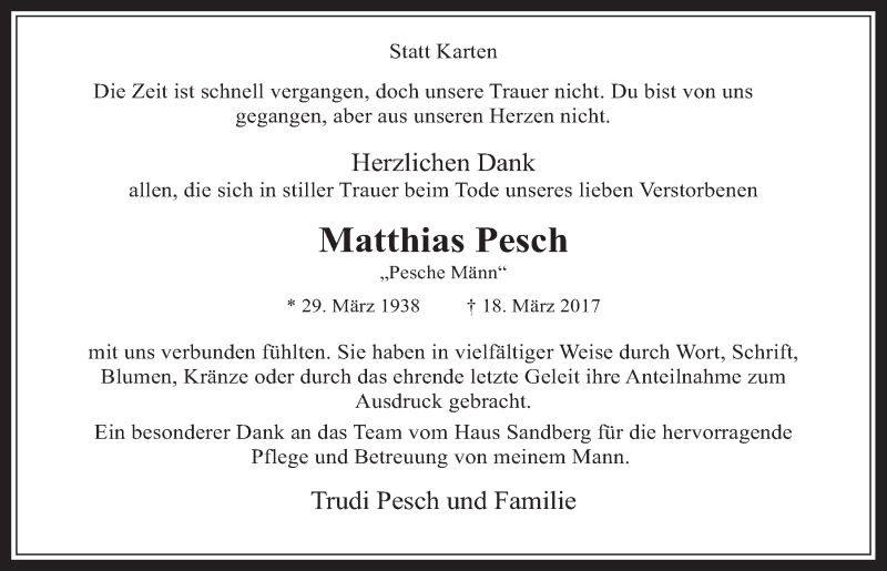  Traueranzeige für Matthias Pesch vom 03.05.2017 aus  Werbepost 