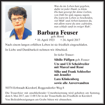 Anzeige von Barbara Feuser von  Werbepost 