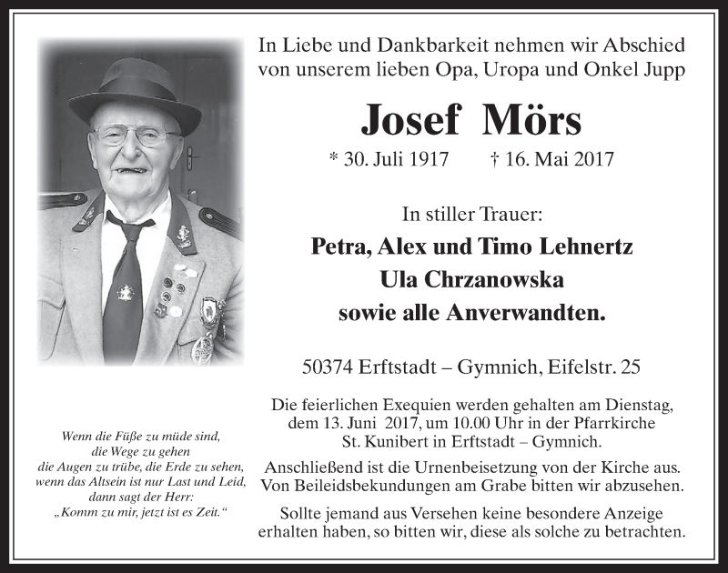  Traueranzeige für Josef Mörs vom 24.05.2017 aus  Werbepost 