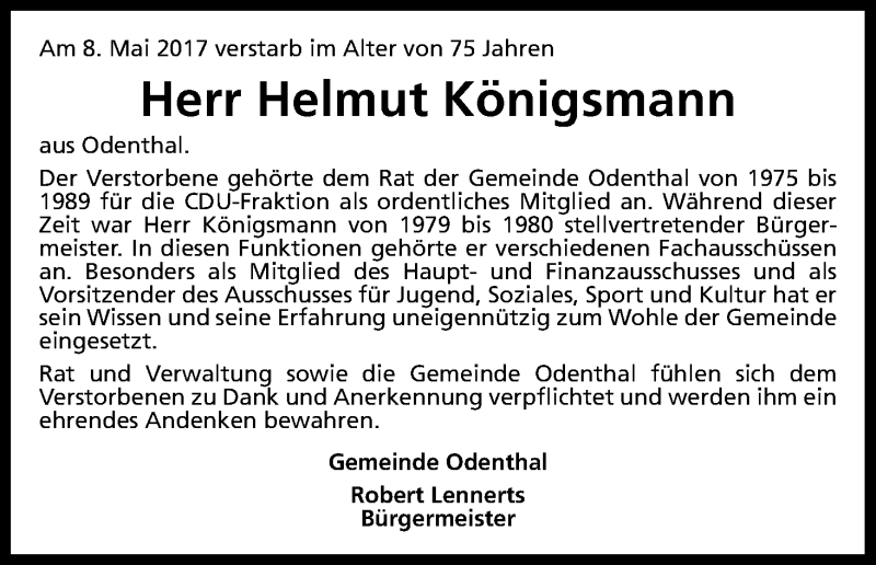  Traueranzeige für Helmut Königsmann vom 17.05.2017 aus Kölner Stadt-Anzeiger / Kölnische Rundschau / Express