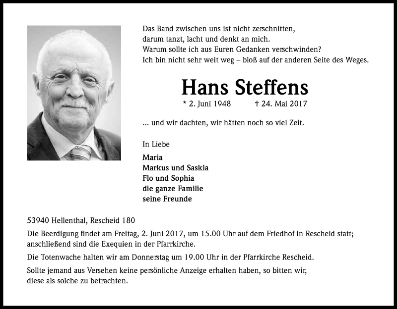  Traueranzeige für Hans Steffens vom 30.05.2017 aus Kölner Stadt-Anzeiger / Kölnische Rundschau / Express