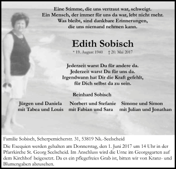 Anzeige von Edith Sobisch von Kölner Stadt-Anzeiger / Kölnische Rundschau / Express