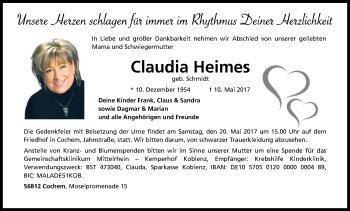 Anzeige von Claudia Heimes von Kölner Stadt-Anzeiger / Kölnische Rundschau / Express