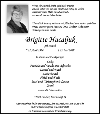 Anzeige von Brigitte Hucaljuk von Kölner Stadt-Anzeiger / Kölnische Rundschau / Express