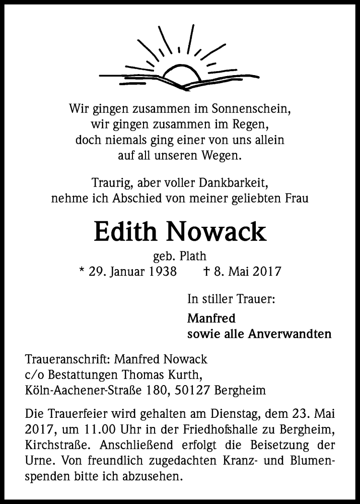  Traueranzeige für Edith Nowack vom 17.05.2017 aus Kölner Stadt-Anzeiger / Kölnische Rundschau / Express